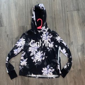 Calvin Klein hoodie, purple flowers, brand name on front
